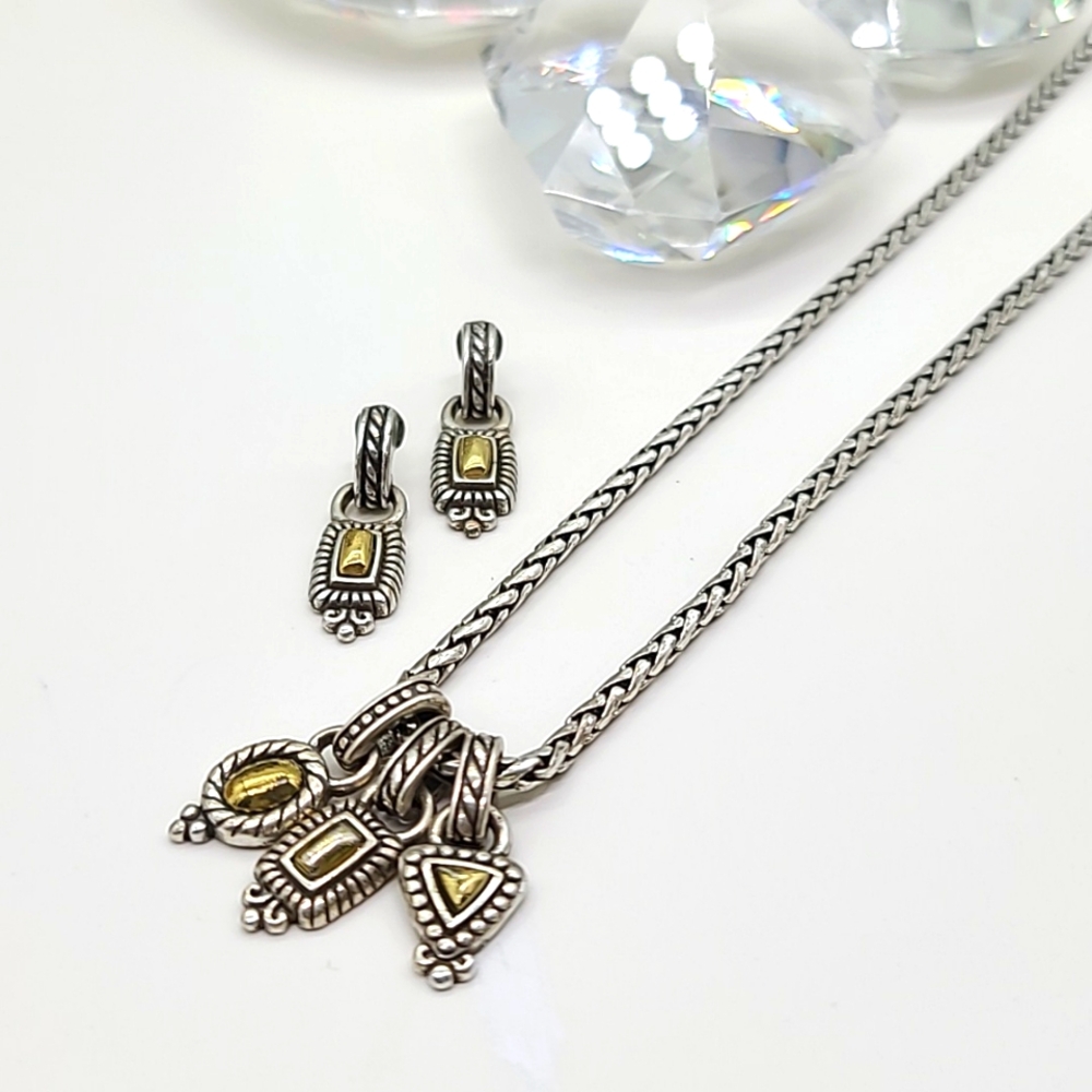 Brighton "BELMONT" 1990's Two-Tone Triple Charm Necklace & Earring Coord Set 💛